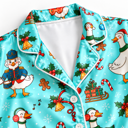 PJ-M2087-Christmas Goose Satin Pajama Set with Nutcracker Geese Candy Canes Gifts Holly and Festive Holiday Pattern for Cozy Sleepwear