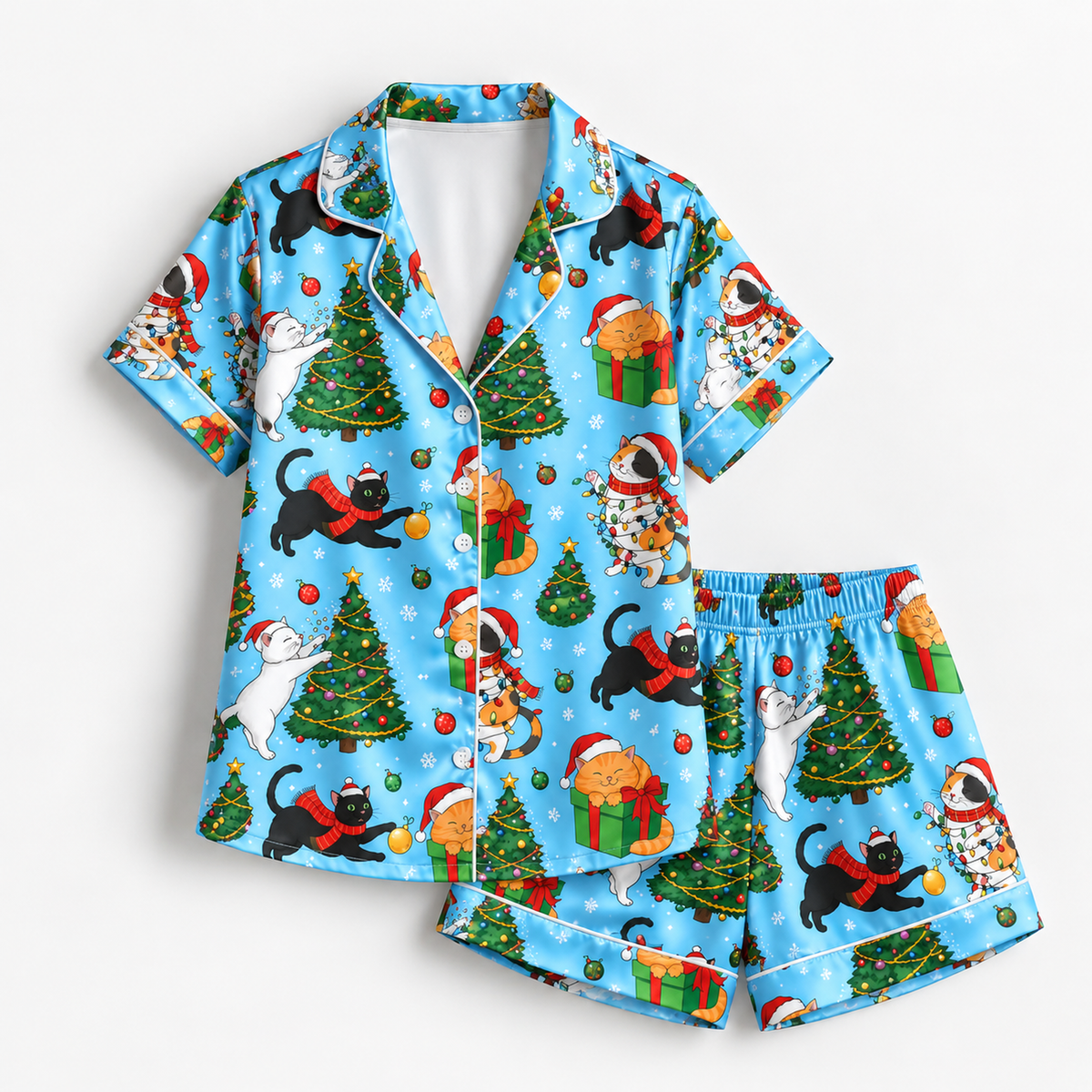 PJ-M2088-Christmas Cat Satin Pajama Set with Festive Cats Santa Hats Christmas Trees Gifts Ornaments and Playful Holiday Pattern for Cozy Sleepwear