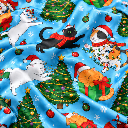PJ-M2088-Christmas Cat Satin Pajama Set with Festive Cats Santa Hats Christmas Trees Gifts Ornaments and Playful Holiday Pattern for Cozy Sleepwear