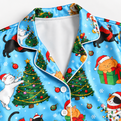 PJ-M2088-Christmas Cat Satin Pajama Set with Festive Cats Santa Hats Christmas Trees Gifts Ornaments and Playful Holiday Pattern for Cozy Sleepwear