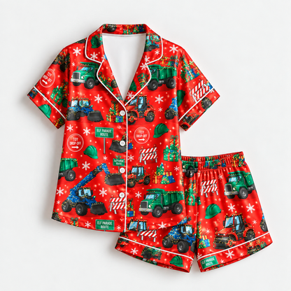 PJ-M2089-Christmas Tractor Satin Pajama Set with Farm Tractors Christmas Trees Snowflakes and Festive Red Holiday Pattern for Cozy Sleepwear