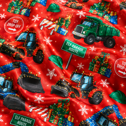 PJ-M2089-Christmas Tractor Satin Pajama Set with Farm Tractors Christmas Trees Snowflakes and Festive Red Holiday Pattern for Cozy Sleepwear