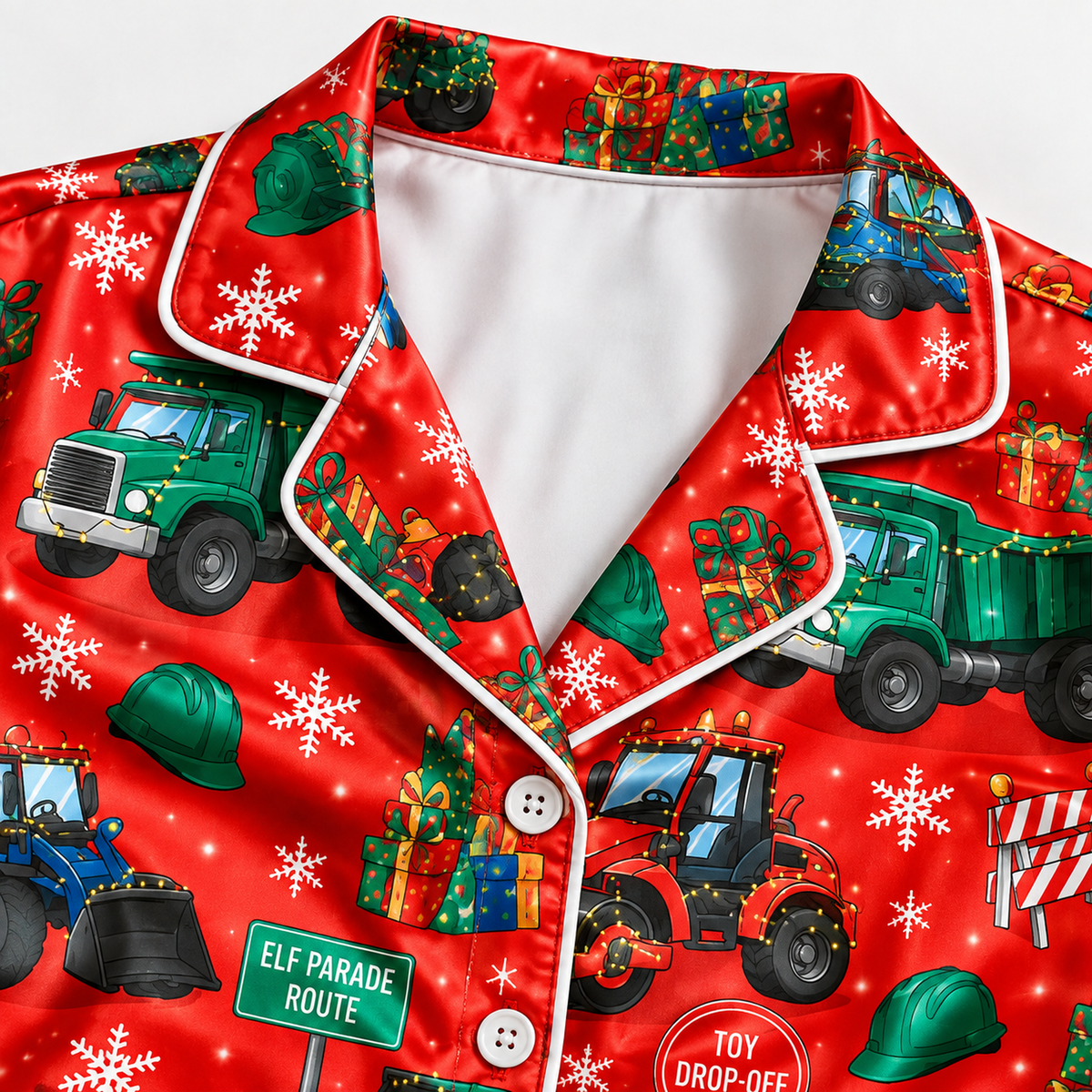PJ-M2089-Christmas Tractor Satin Pajama Set with Farm Tractors Christmas Trees Snowflakes and Festive Red Holiday Pattern for Cozy Sleepwear