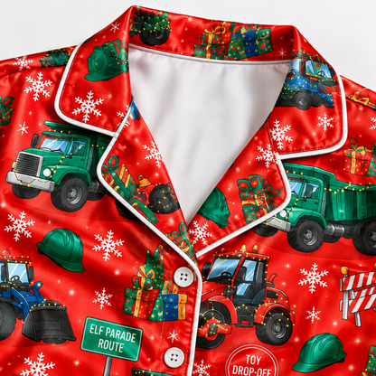 PJ-M2089-Christmas Tractor Satin Pajama Set with Farm Tractors Christmas Trees Snowflakes and Festive Red Holiday Pattern for Cozy Sleepwear