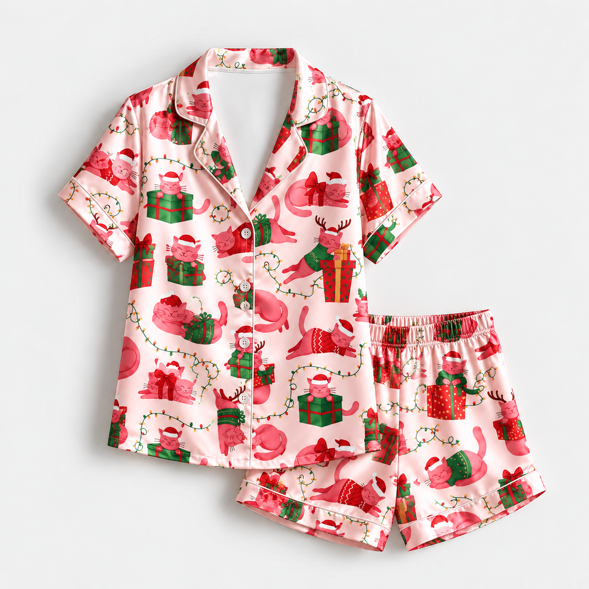 PJ-M2093-Christmas Cat Satin Pajama Set with Festive Cats Reindeer Gifts Bows Holiday Lights and Playful Pink Christmas Pattern for Cozy Sleepwear