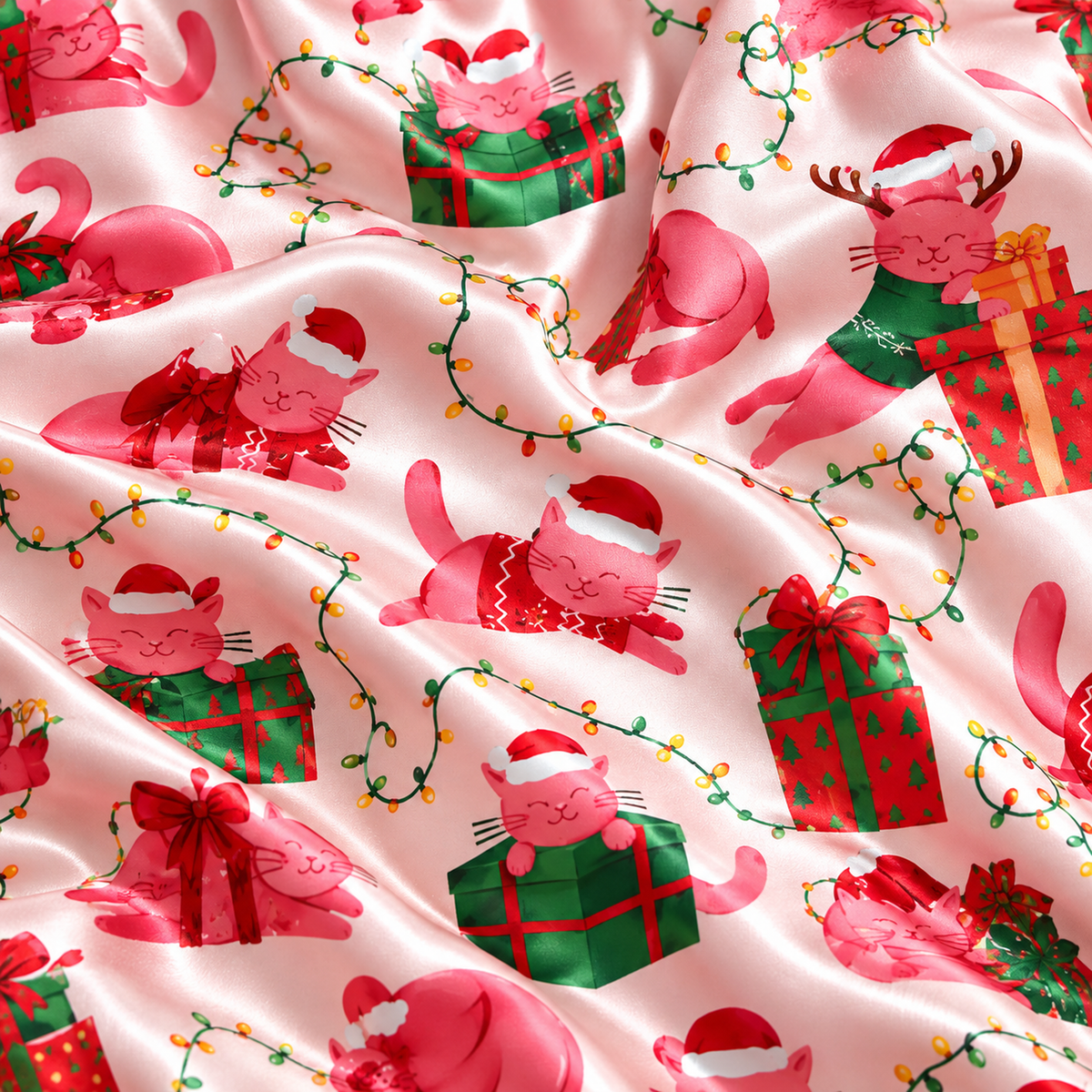 PJ-M2093-Christmas Cat Satin Pajama Set with Festive Cats Reindeer Gifts Bows Holiday Lights and Playful Pink Christmas Pattern for Cozy Sleepwear