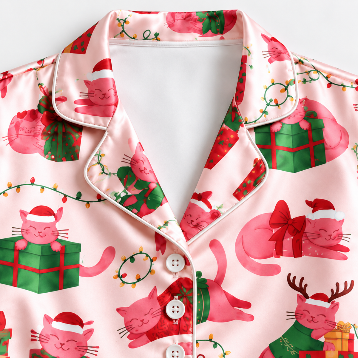 PJ-M2093-Christmas Cat Satin Pajama Set with Festive Cats Reindeer Gifts Bows Holiday Lights and Playful Pink Christmas Pattern for Cozy Sleepwear