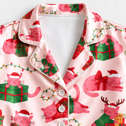 PJ-M2093-Christmas Cat Satin Pajama Set with Festive Cats Reindeer Gifts Bows Holiday Lights and Playful Pink Christmas Pattern for Cozy Sleepwear