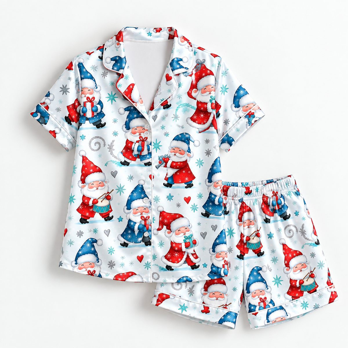 PJ-M2094-Christmas Gnome Satin Pajama Set with Red Blue Winter Gnomes Snowflakes Hearts and Whimsical Holiday Pattern