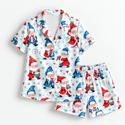 PJ-M2094-Christmas Gnome Satin Pajama Set with Red Blue Winter Gnomes Snowflakes Hearts and Whimsical Holiday Pattern