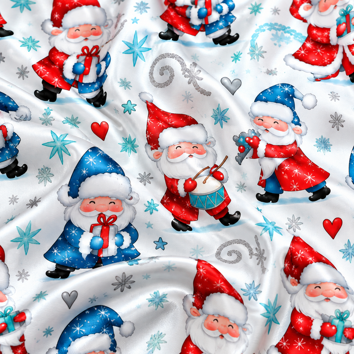 PJ-M2094-Christmas Gnome Satin Pajama Set with Red Blue Winter Gnomes Snowflakes Hearts and Whimsical Holiday Pattern