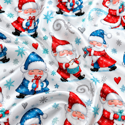 PJ-M2094-Christmas Gnome Satin Pajama Set with Red Blue Winter Gnomes Snowflakes Hearts and Whimsical Holiday Pattern