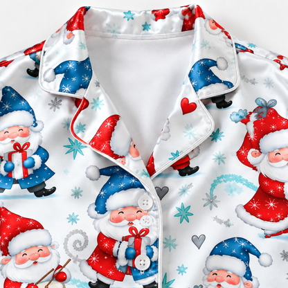 PJ-M2094-Christmas Gnome Satin Pajama Set with Red Blue Winter Gnomes Snowflakes Hearts and Whimsical Holiday Pattern