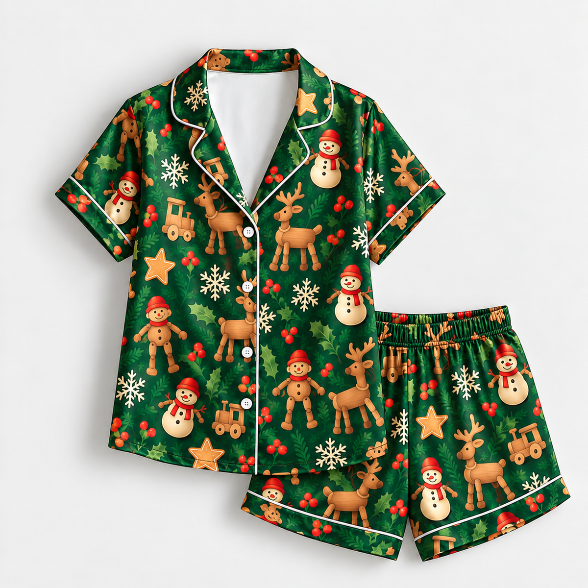 PJ-M2096-Gingerbread Christmas Satin Pajama Set with Reindeer Snowmen Holly Snowflakes Cookies and Festive Holiday Pattern