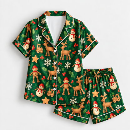 PJ-M2096-Gingerbread Christmas Satin Pajama Set with Reindeer Snowmen Holly Snowflakes Cookies and Festive Holiday Pattern