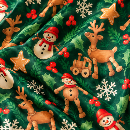 PJ-M2096-Gingerbread Christmas Satin Pajama Set with Reindeer Snowmen Holly Snowflakes Cookies and Festive Holiday Pattern