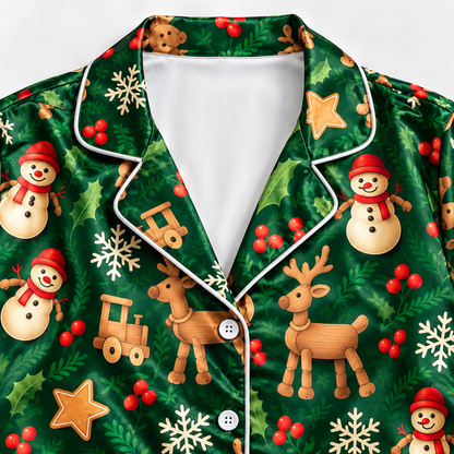 PJ-M2096-Gingerbread Christmas Satin Pajama Set with Reindeer Snowmen Holly Snowflakes Cookies and Festive Holiday Pattern