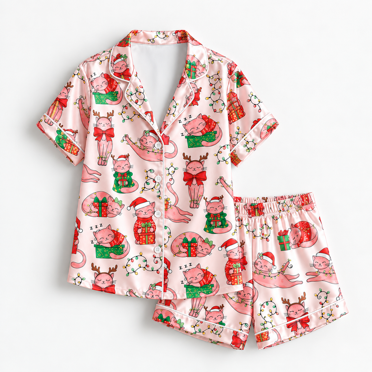 PJ-M2099-Christmas Cat Satin Pajama Set with Santa Hats Reindeer Antlers Gifts Holiday Lights and Festive Pink Pattern