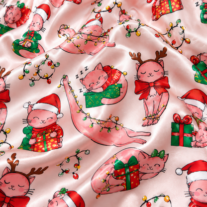 PJ-M2099-Christmas Cat Satin Pajama Set with Santa Hats Reindeer Antlers Gifts Holiday Lights and Festive Pink Pattern
