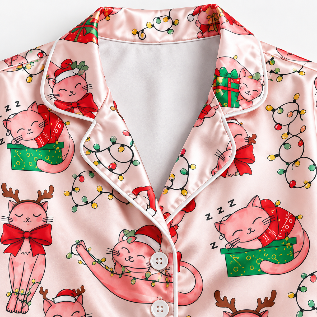PJ-M2099-Christmas Cat Satin Pajama Set with Santa Hats Reindeer Antlers Gifts Holiday Lights and Festive Pink Pattern