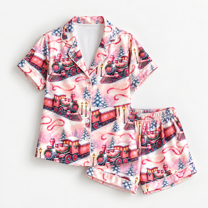 PJ-M2103-Christmas Train Satin Pajama Set with Vintage Locomotives Snowy Pine Trees Street Lamps and Festive Winter Holiday Pattern
