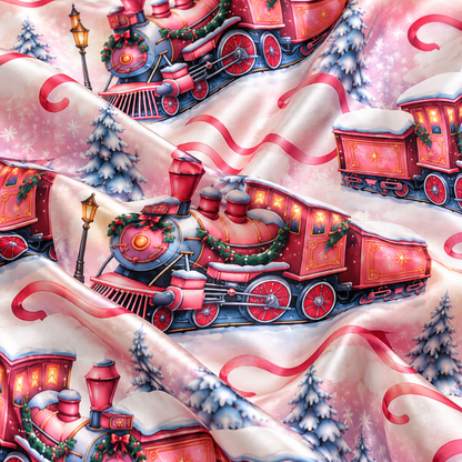 PJ-M2103-Christmas Train Satin Pajama Set with Vintage Locomotives Snowy Pine Trees Street Lamps and Festive Winter Holiday Pattern