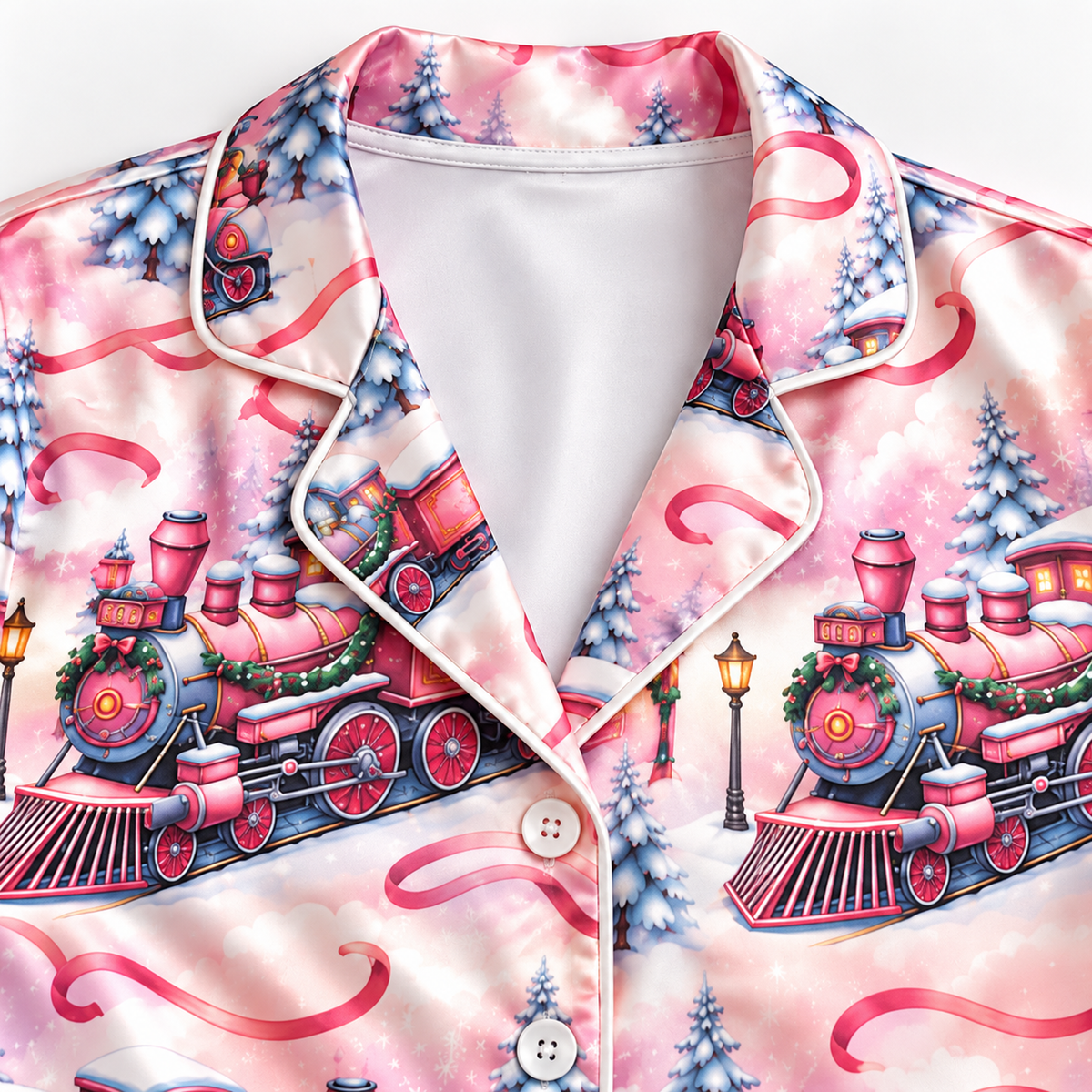 PJ-M2103-Christmas Train Satin Pajama Set with Vintage Locomotives Snowy Pine Trees Street Lamps and Festive Winter Holiday Pattern