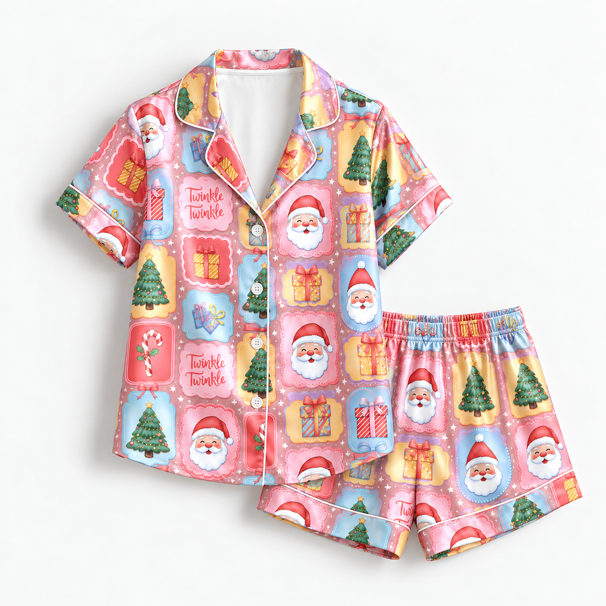 PJ-M2108-Pink Santa Christmas Satin Pajama Set with Gifts Christmas Trees Candy Canes and Twinkle Twinkle Festive Holiday Pattern