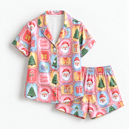 PJ-M2108-Pink Santa Christmas Satin Pajama Set with Gifts Christmas Trees Candy Canes and Twinkle Twinkle Festive Holiday Pattern