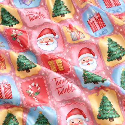 PJ-M2108-Pink Santa Christmas Satin Pajama Set with Gifts Christmas Trees Candy Canes and Twinkle Twinkle Festive Holiday Pattern