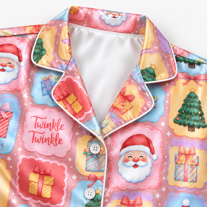 PJ-M2108-Pink Santa Christmas Satin Pajama Set with Gifts Christmas Trees Candy Canes and Twinkle Twinkle Festive Holiday Pattern