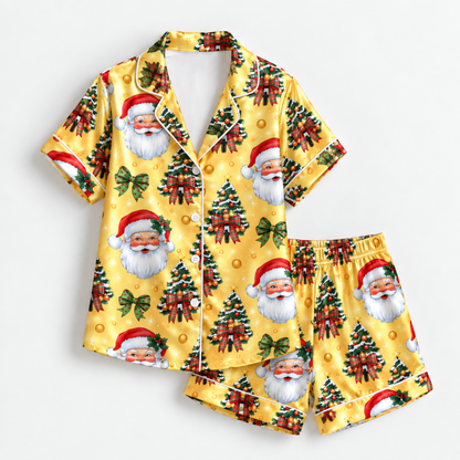 PJ-M2109-Santa Christmas Satin Pajama Set with Christmas Trees Tartan Bows Ornaments and Festive Golden Holiday Pattern
