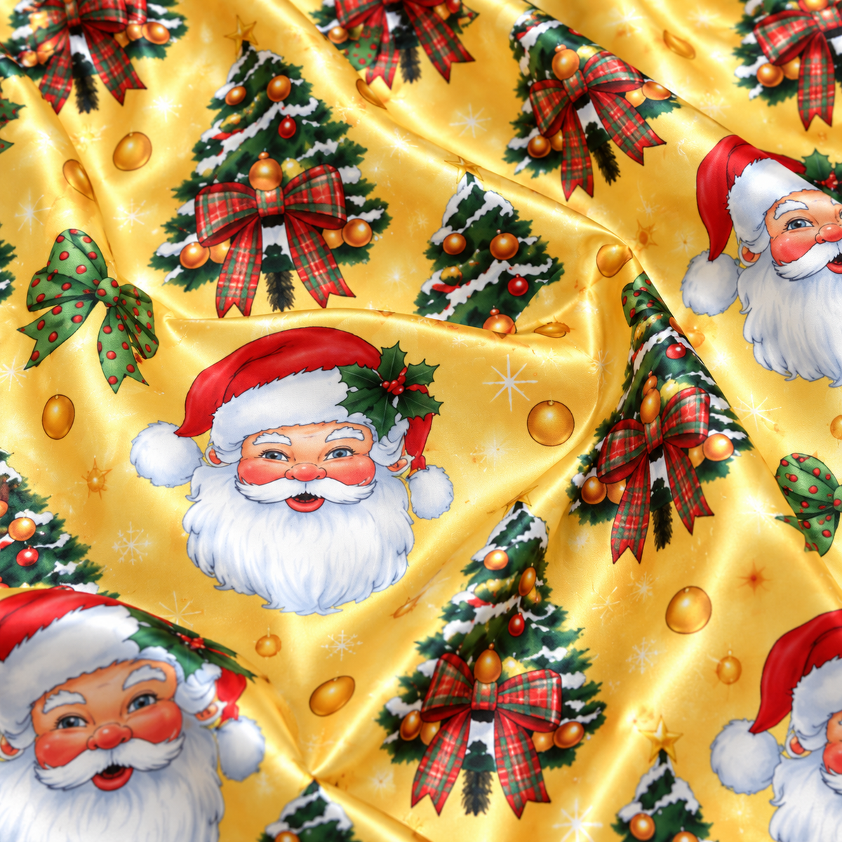PJ-M2109-Santa Christmas Satin Pajama Set with Christmas Trees Tartan Bows Ornaments and Festive Golden Holiday Pattern