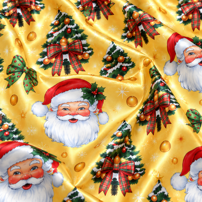PJ-M2109-Santa Christmas Satin Pajama Set with Christmas Trees Tartan Bows Ornaments and Festive Golden Holiday Pattern