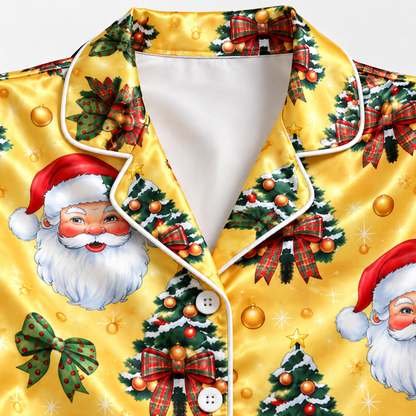 PJ-M2109-Santa Christmas Satin Pajama Set with Christmas Trees Tartan Bows Ornaments and Festive Golden Holiday Pattern