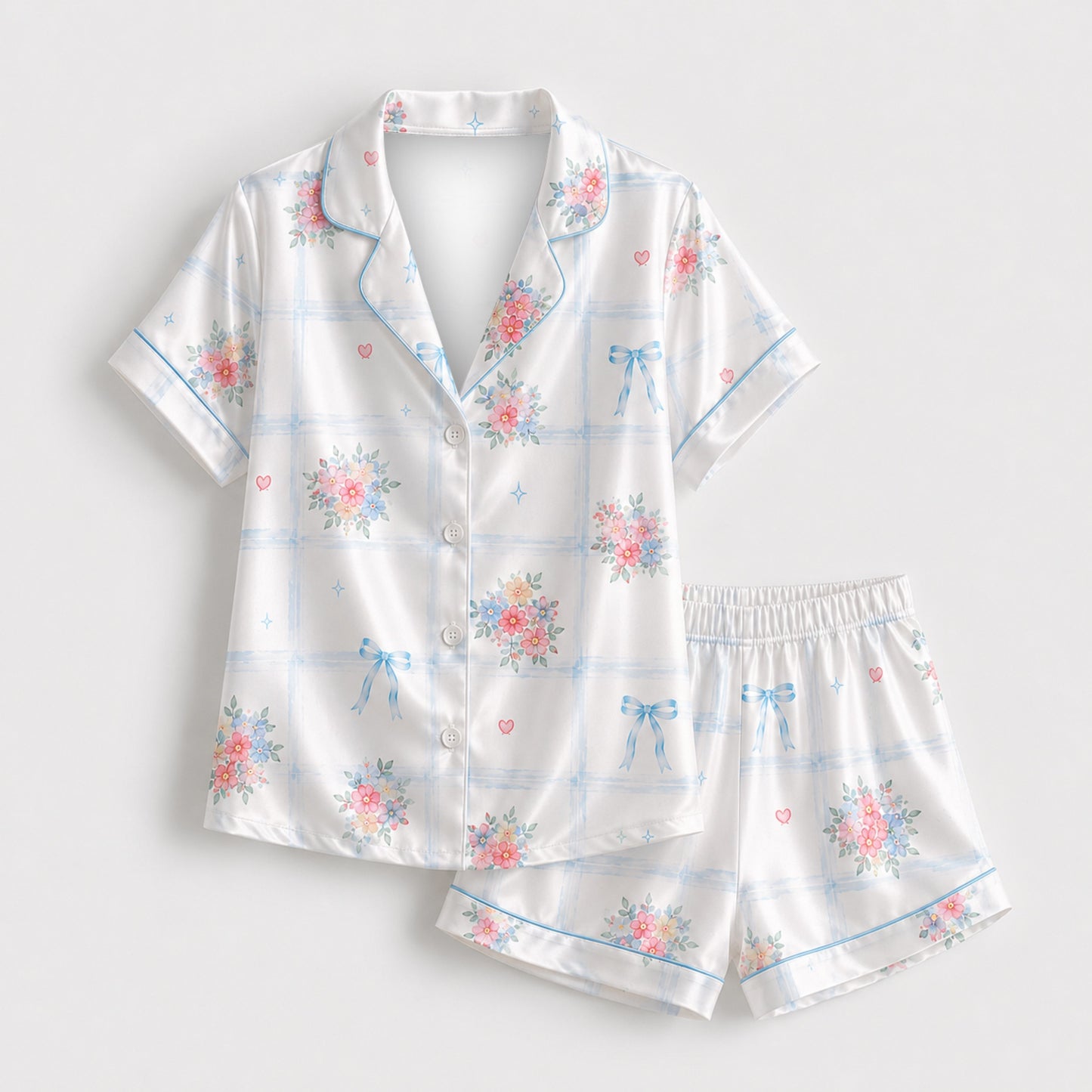 PJ-M211-Tropical Bow Satin Pajama Set, Pink Blue Floral Stripe Two Piece Button Up Lounge Sleepwear