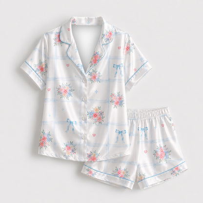 PJ-M211-Tropical Bow Satin Pajama Set, Pink Blue Floral Stripe Two Piece Button Up Lounge Sleepwear