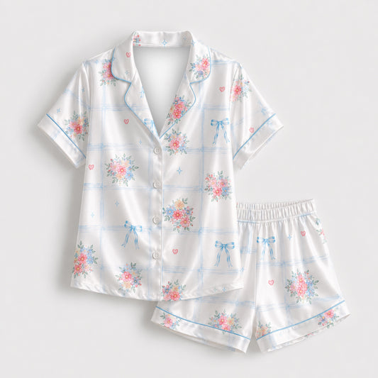 PJ-M211-Tropical Bow Satin Pajama Set, Pink Blue Floral Stripe Two Piece Button Up Lounge Sleepwear