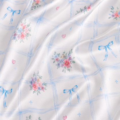 PJ-M211-Tropical Bow Satin Pajama Set, Pink Blue Floral Stripe Two Piece Button Up Lounge Sleepwear