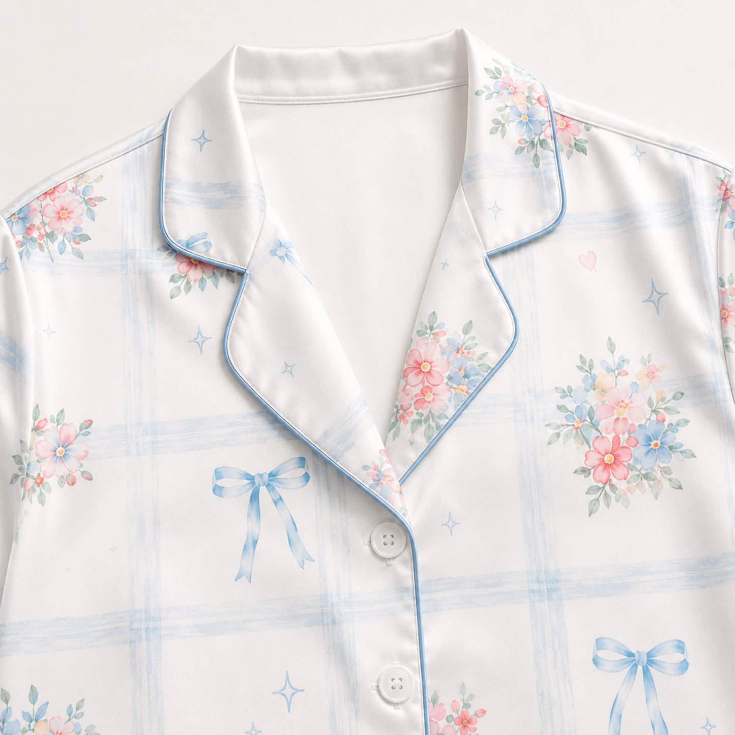 PJ-M211-Tropical Bow Satin Pajama Set, Pink Blue Floral Stripe Two Piece Button Up Lounge Sleepwear
