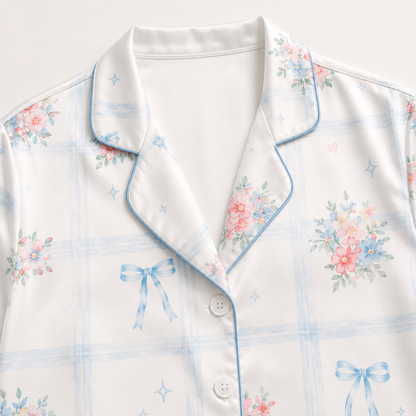 PJ-M211-Tropical Bow Satin Pajama Set, Pink Blue Floral Stripe Two Piece Button Up Lounge Sleepwear