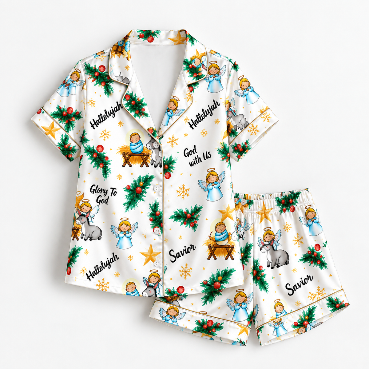 PJ-M2111-Christian Nativity Christmas Satin Pajama Set with Baby Jesus Angels Holly Stars and Faith Inspired Holiday Pattern