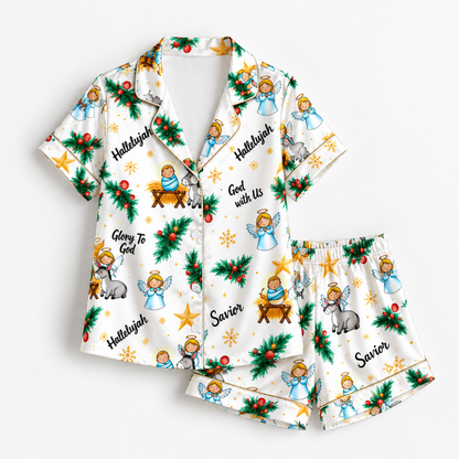 PJ-M2111-Christian Nativity Christmas Satin Pajama Set with Baby Jesus Angels Holly Stars and Faith Inspired Holiday Pattern