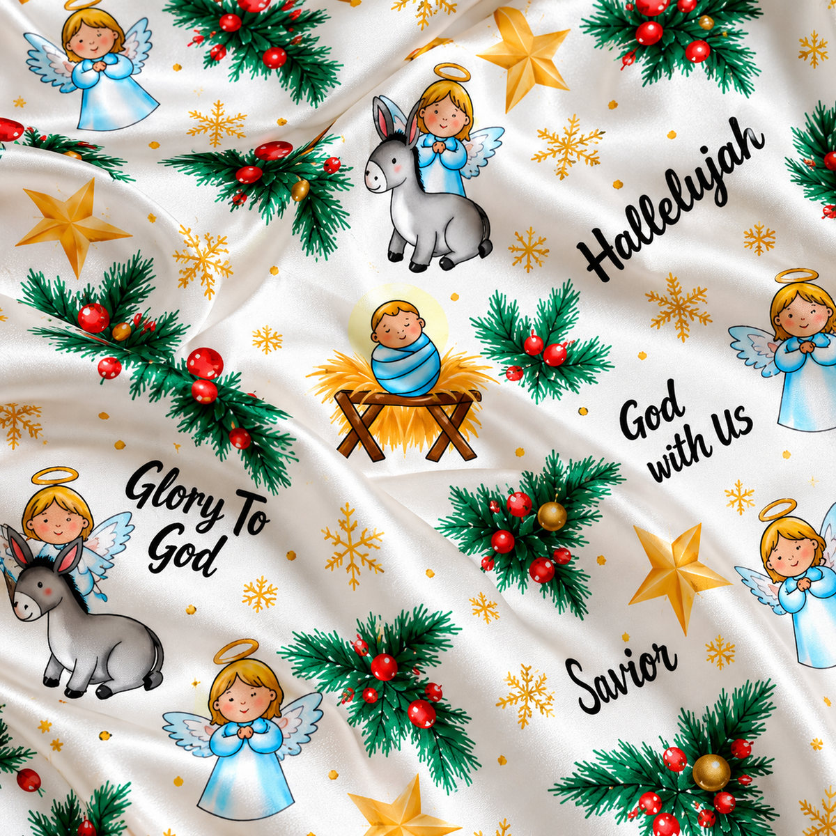 PJ-M2111-Christian Nativity Christmas Satin Pajama Set with Baby Jesus Angels Holly Stars and Faith Inspired Holiday Pattern