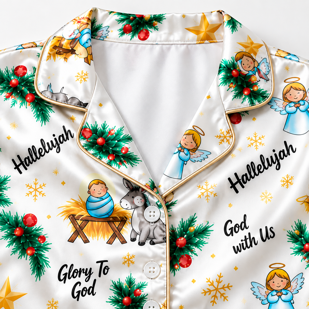PJ-M2111-Christian Nativity Christmas Satin Pajama Set with Baby Jesus Angels Holly Stars and Faith Inspired Holiday Pattern