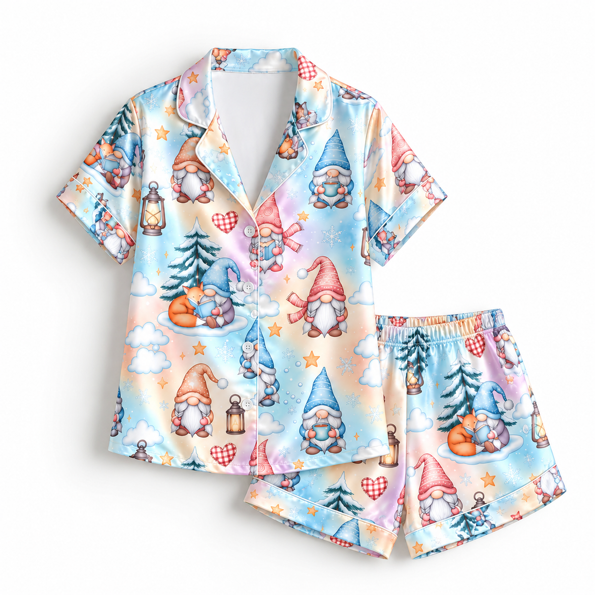 PJ-M2112-Christmas Gnome Satin Pajama Set with Winter Gnomes Pine Trees Lanterns Hearts and Whimsical Snowy Holiday Pattern