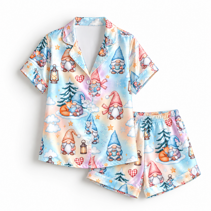 PJ-M2112-Christmas Gnome Satin Pajama Set with Winter Gnomes Pine Trees Lanterns Hearts and Whimsical Snowy Holiday Pattern