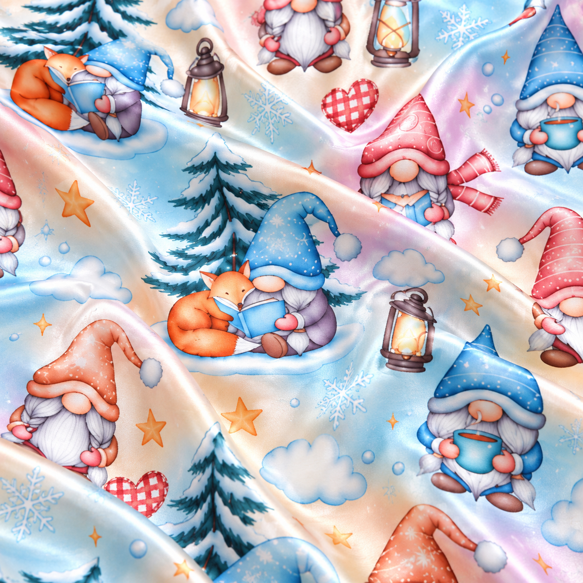 PJ-M2112-Christmas Gnome Satin Pajama Set with Winter Gnomes Pine Trees Lanterns Hearts and Whimsical Snowy Holiday Pattern