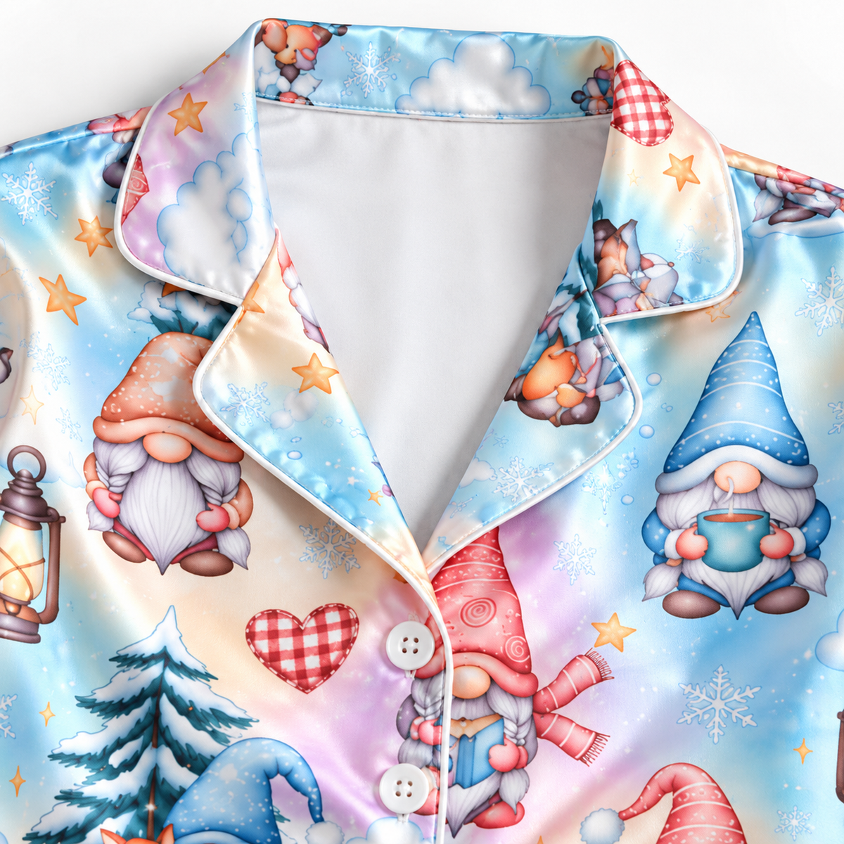 PJ-M2112-Christmas Gnome Satin Pajama Set with Winter Gnomes Pine Trees Lanterns Hearts and Whimsical Snowy Holiday Pattern