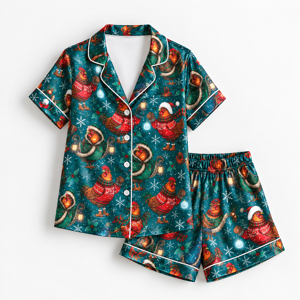 PJ-M2113-Christmas Chicken Satin Pajama Set with Festive Hens Santa Hats Ornaments Pine Branches and Cozy Winter Holiday Pattern